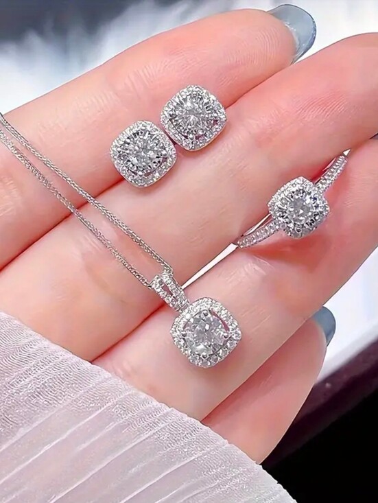Jewelry - Silver White Necklace, Ring & Earring Set